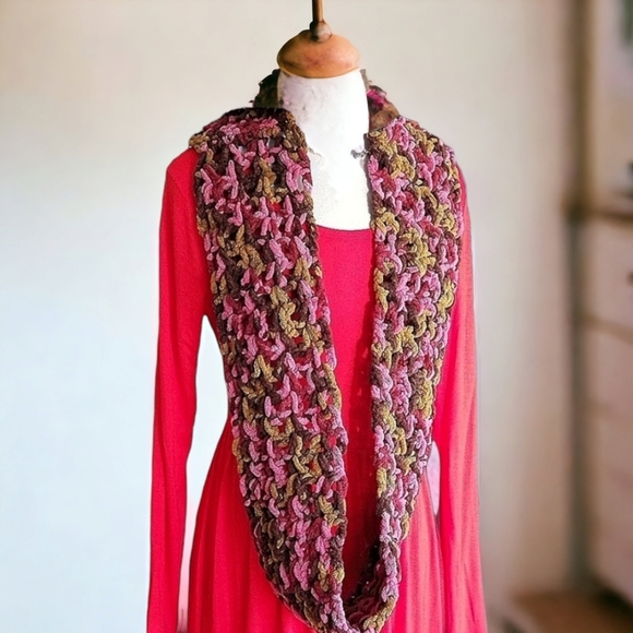 Accessories - Home made scarf soft large knit infinity, pnk/brw